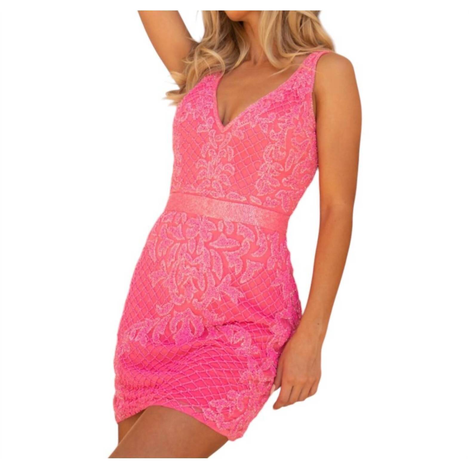 New Primavera Beaded Cocktail Dress In Hot Pink